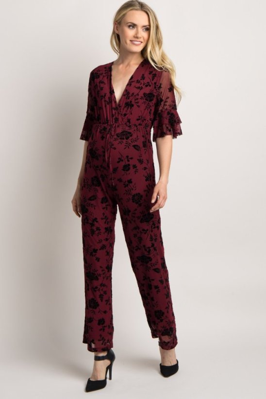 Pink Blush Burgundy Velvet Floral Overlay Maternity Wrap Jumpsuit