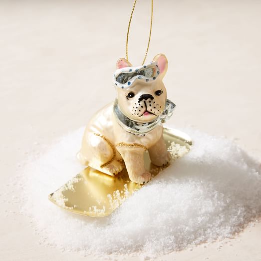 West Elm Glass Snowboarding Dog Ornament