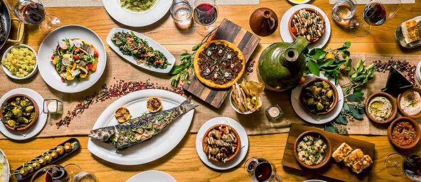 spread of food on wooden table