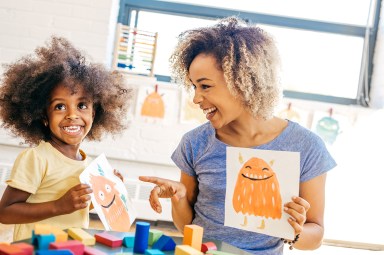 Laughing mother and child, Note to inspector: Property release for painted monsters are attached