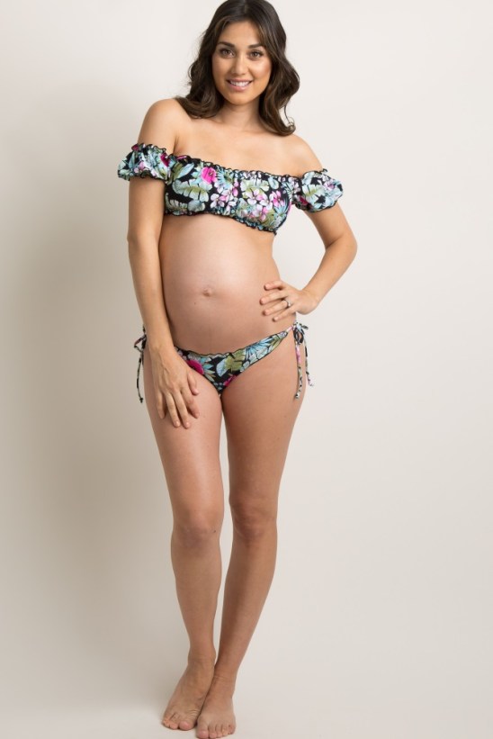 PinkBlush Black Tropical Floral Ruffle Open Shoulder Maternity Bikini Set