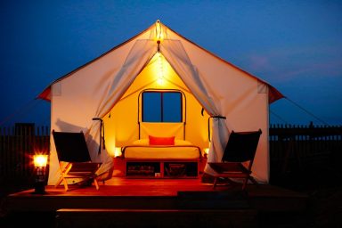 glamping tent at dusk