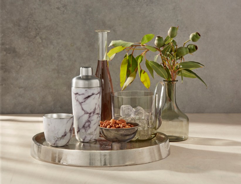 marble barware on metal tray