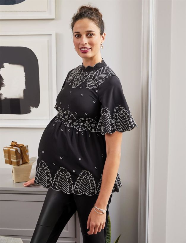 Destination Maternity Embroidery Mock Neck Maternity Blouse