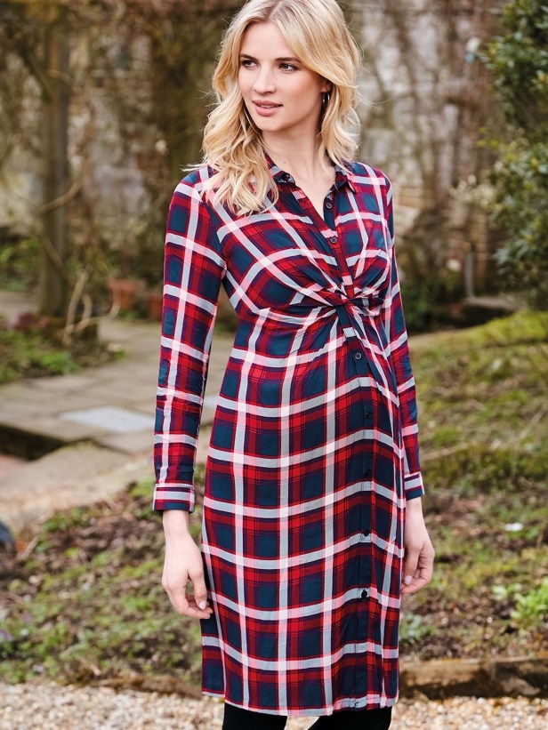 Jojo Maman Bébé Navy Plaid Maternity Twist Shirt Dress 