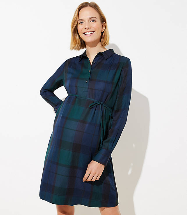 Ann Taylor Loft Maternity Plaid Tie Waist Shirtdress