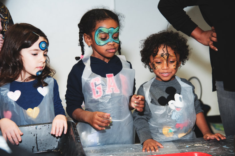 little girls with face paint and wearing aprons - brooklyn march 2020