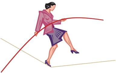 Woman, walking tightrope  Layered  Color  Also available in black-and-white, 009-0397    ‘ Steady footing  ‘ A balancing act