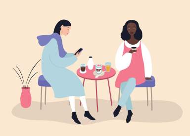 Two beautiful women talking friendly at coffee shop while drinking and eating desserts , vector illustration on pink background