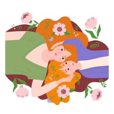 Happy Mother’s Day. Mother and daughter with red hair among the flowers. A woman and a little girl lie on their backs, top view. Cute vector illustration in flat style for greeting cards and designs.